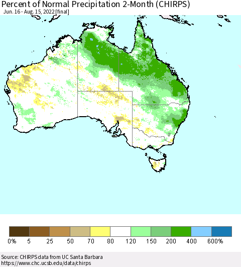 Australia Percent of Normal Precipitation 2-Month (CHIRPS) Thematic Map For 6/16/2022 - 8/15/2022