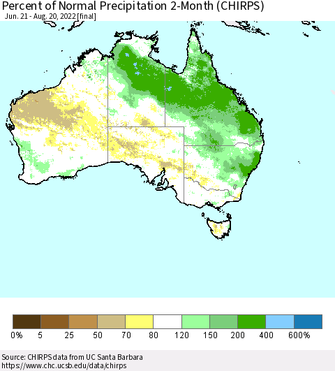 Australia Percent of Normal Precipitation 2-Month (CHIRPS) Thematic Map For 6/21/2022 - 8/20/2022