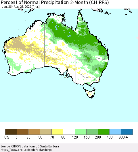 Australia Percent of Normal Precipitation 2-Month (CHIRPS) Thematic Map For 6/26/2022 - 8/25/2022