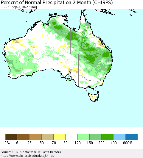 Australia Percent of Normal Precipitation 2-Month (CHIRPS) Thematic Map For 7/6/2022 - 9/5/2022