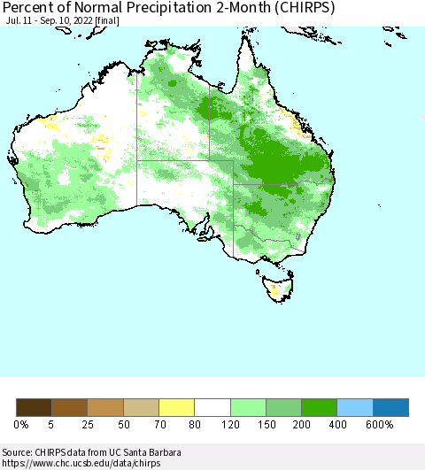 Australia Percent of Normal Precipitation 2-Month (CHIRPS) Thematic Map For 7/11/2022 - 9/10/2022
