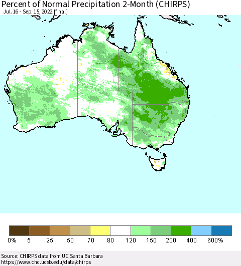 Australia Percent of Normal Precipitation 2-Month (CHIRPS) Thematic Map For 7/16/2022 - 9/15/2022