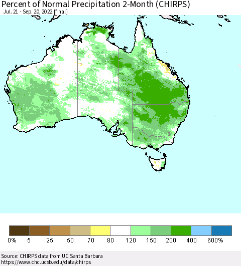 Australia Percent of Normal Precipitation 2-Month (CHIRPS) Thematic Map For 7/21/2022 - 9/20/2022