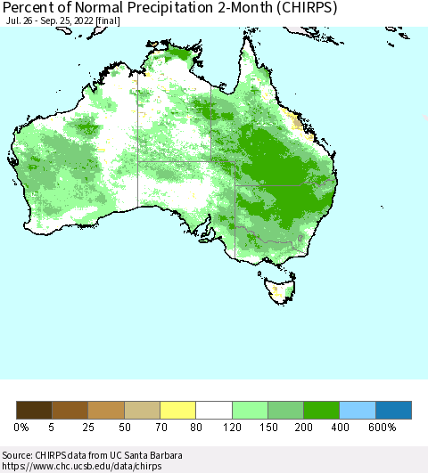 Australia Percent of Normal Precipitation 2-Month (CHIRPS) Thematic Map For 7/26/2022 - 9/25/2022