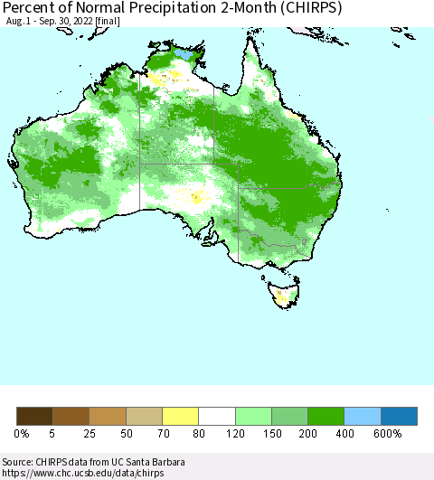 Australia Percent of Normal Precipitation 2-Month (CHIRPS) Thematic Map For 8/1/2022 - 9/30/2022
