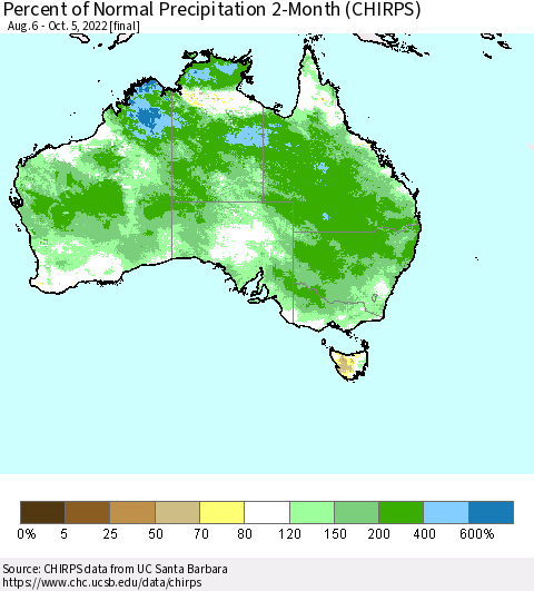 Australia Percent of Normal Precipitation 2-Month (CHIRPS) Thematic Map For 8/6/2022 - 10/5/2022