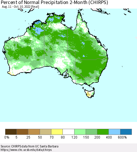 Australia Percent of Normal Precipitation 2-Month (CHIRPS) Thematic Map For 8/11/2022 - 10/10/2022