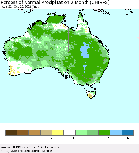 Australia Percent of Normal Precipitation 2-Month (CHIRPS) Thematic Map For 8/21/2022 - 10/20/2022