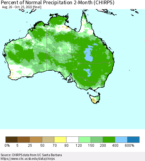 Australia Percent of Normal Precipitation 2-Month (CHIRPS) Thematic Map For 8/26/2022 - 10/25/2022