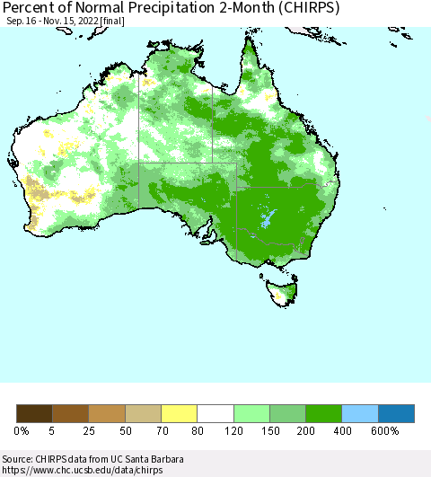 Australia Percent of Normal Precipitation 2-Month (CHIRPS) Thematic Map For 9/16/2022 - 11/15/2022