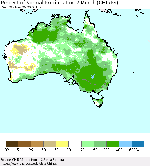 Australia Percent of Normal Precipitation 2-Month (CHIRPS) Thematic Map For 9/26/2022 - 11/25/2022