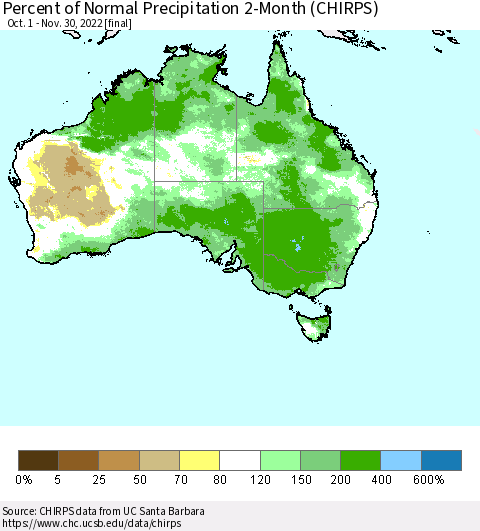 Australia Percent of Normal Precipitation 2-Month (CHIRPS) Thematic Map For 10/1/2022 - 11/30/2022