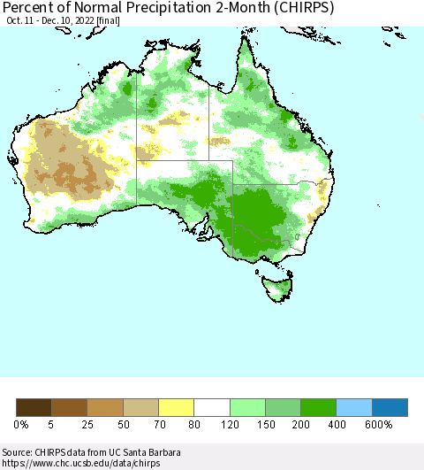 Australia Percent of Normal Precipitation 2-Month (CHIRPS) Thematic Map For 10/11/2022 - 12/10/2022
