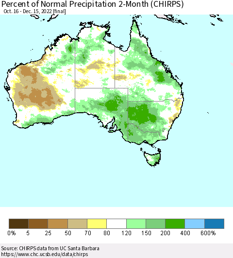 Australia Percent of Normal Precipitation 2-Month (CHIRPS) Thematic Map For 10/16/2022 - 12/15/2022