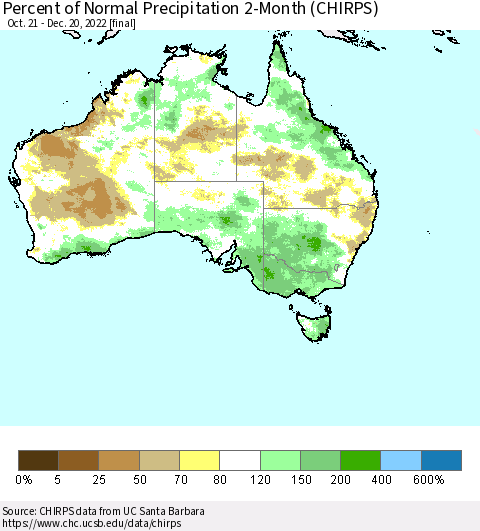 Australia Percent of Normal Precipitation 2-Month (CHIRPS) Thematic Map For 10/21/2022 - 12/20/2022