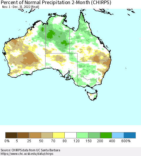 Australia Percent of Normal Precipitation 2-Month (CHIRPS) Thematic Map For 11/1/2022 - 12/31/2022