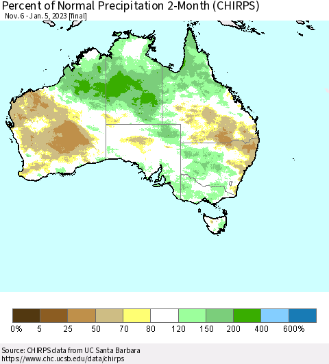 Australia Percent of Normal Precipitation 2-Month (CHIRPS) Thematic Map For 11/6/2022 - 1/5/2023