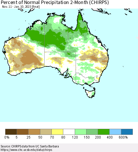 Australia Percent of Normal Precipitation 2-Month (CHIRPS) Thematic Map For 11/11/2022 - 1/10/2023