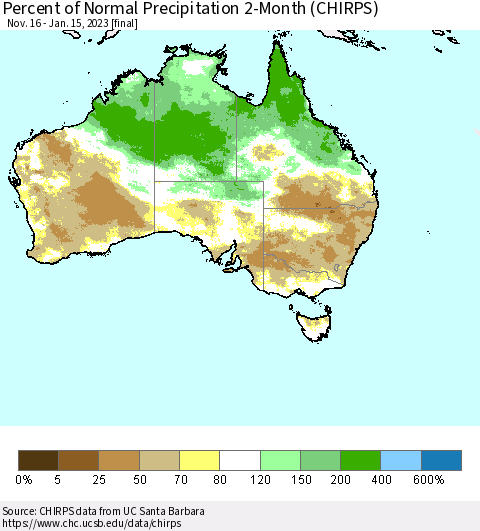 Australia Percent of Normal Precipitation 2-Month (CHIRPS) Thematic Map For 11/16/2022 - 1/15/2023
