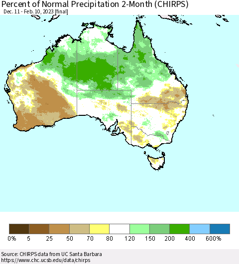 Australia Percent of Normal Precipitation 2-Month (CHIRPS) Thematic Map For 12/11/2022 - 2/10/2023