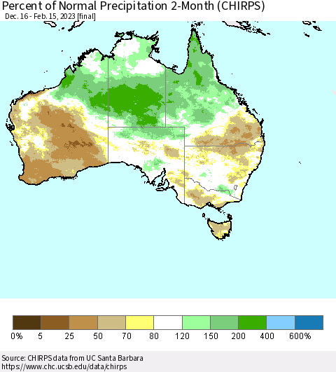 Australia Percent of Normal Precipitation 2-Month (CHIRPS) Thematic Map For 12/16/2022 - 2/15/2023