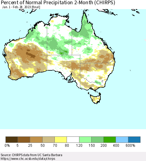 Australia Percent of Normal Precipitation 2-Month (CHIRPS) Thematic Map For 1/1/2023 - 2/28/2023