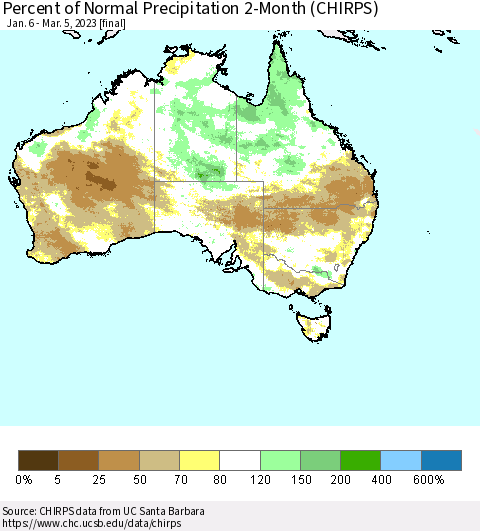 Australia Percent of Normal Precipitation 2-Month (CHIRPS) Thematic Map For 1/6/2023 - 3/5/2023