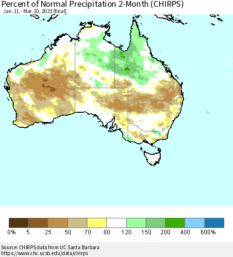 Australia Percent of Normal Precipitation 2-Month (CHIRPS) Thematic Map For 1/11/2023 - 3/10/2023