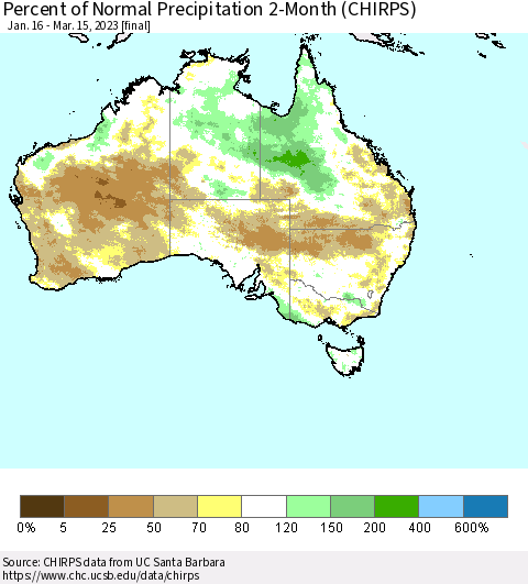 Australia Percent of Normal Precipitation 2-Month (CHIRPS) Thematic Map For 1/16/2023 - 3/15/2023