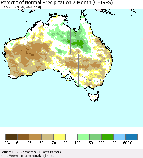 Australia Percent of Normal Precipitation 2-Month (CHIRPS) Thematic Map For 1/21/2023 - 3/20/2023