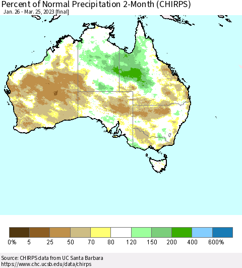Australia Percent of Normal Precipitation 2-Month (CHIRPS) Thematic Map For 1/26/2023 - 3/25/2023