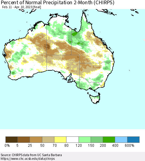 Australia Percent of Normal Precipitation 2-Month (CHIRPS) Thematic Map For 2/11/2023 - 4/10/2023