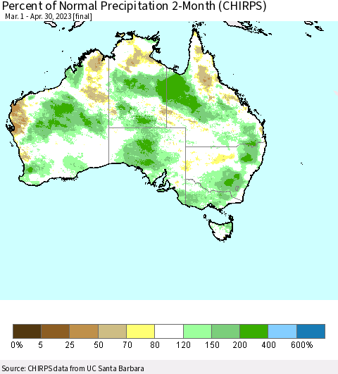 Australia Percent of Normal Precipitation 2-Month (CHIRPS) Thematic Map For 3/1/2023 - 4/30/2023