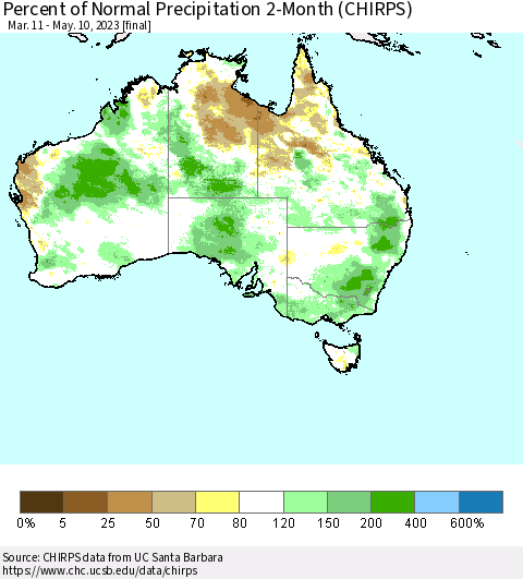 Australia Percent of Normal Precipitation 2-Month (CHIRPS) Thematic Map For 3/11/2023 - 5/10/2023