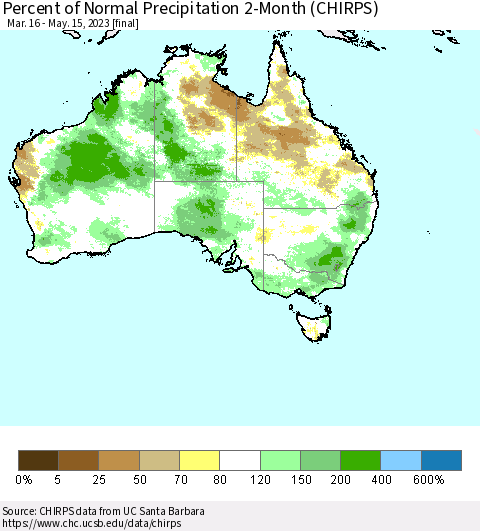 Australia Percent of Normal Precipitation 2-Month (CHIRPS) Thematic Map For 3/16/2023 - 5/15/2023