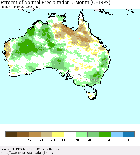 Australia Percent of Normal Precipitation 2-Month (CHIRPS) Thematic Map For 3/21/2023 - 5/20/2023