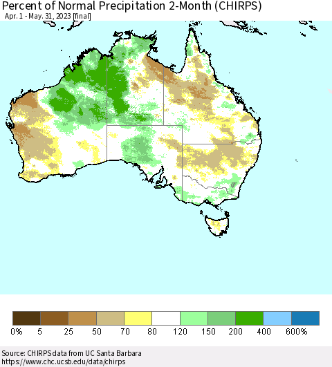 Australia Percent of Normal Precipitation 2-Month (CHIRPS) Thematic Map For 4/1/2023 - 5/31/2023