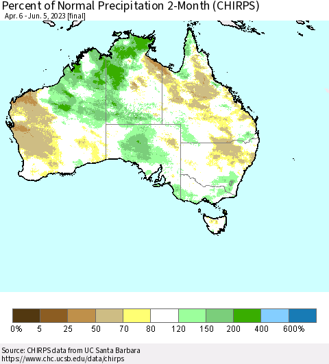 Australia Percent of Normal Precipitation 2-Month (CHIRPS) Thematic Map For 4/6/2023 - 6/5/2023