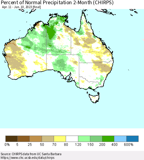 Australia Percent of Normal Precipitation 2-Month (CHIRPS) Thematic Map For 4/11/2023 - 6/10/2023