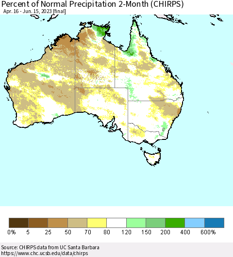 Australia Percent of Normal Precipitation 2-Month (CHIRPS) Thematic Map For 4/16/2023 - 6/15/2023