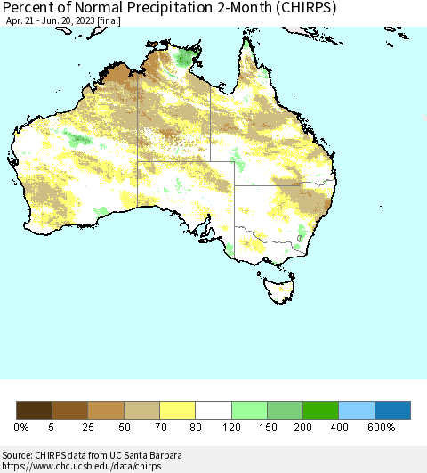 Australia Percent of Normal Precipitation 2-Month (CHIRPS) Thematic Map For 4/21/2023 - 6/20/2023