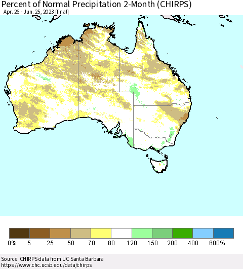 Australia Percent of Normal Precipitation 2-Month (CHIRPS) Thematic Map For 4/26/2023 - 6/25/2023