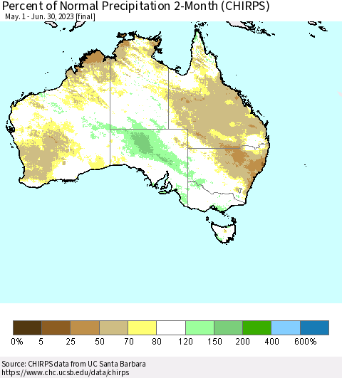 Australia Percent of Normal Precipitation 2-Month (CHIRPS) Thematic Map For 5/1/2023 - 6/30/2023
