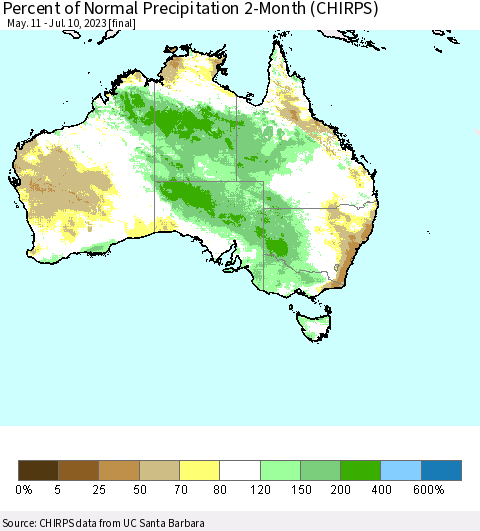 Australia Percent of Normal Precipitation 2-Month (CHIRPS) Thematic Map For 5/11/2023 - 7/10/2023