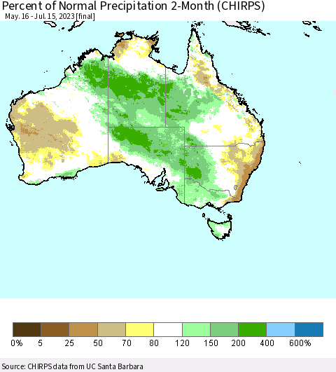 Australia Percent of Normal Precipitation 2-Month (CHIRPS) Thematic Map For 5/16/2023 - 7/15/2023