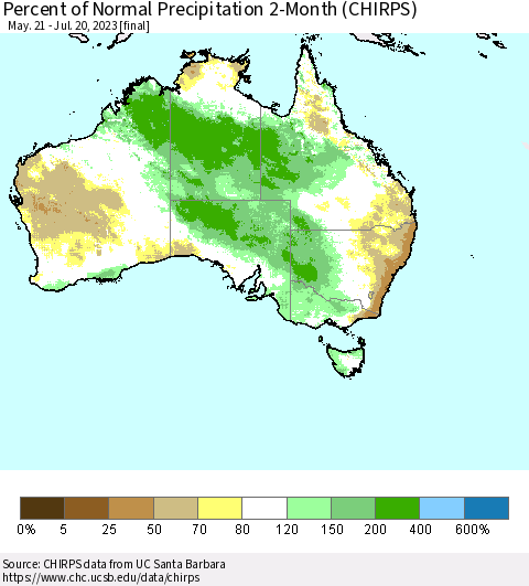Australia Percent of Normal Precipitation 2-Month (CHIRPS) Thematic Map For 5/21/2023 - 7/20/2023