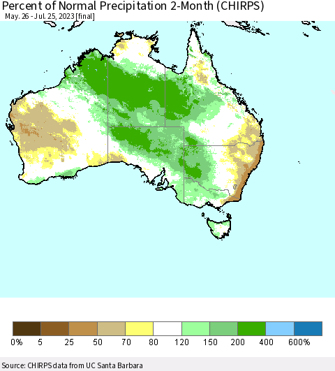 Australia Percent of Normal Precipitation 2-Month (CHIRPS) Thematic Map For 5/26/2023 - 7/25/2023