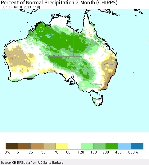 Australia Percent of Normal Precipitation 2-Month (CHIRPS) Thematic Map For 6/1/2023 - 7/31/2023