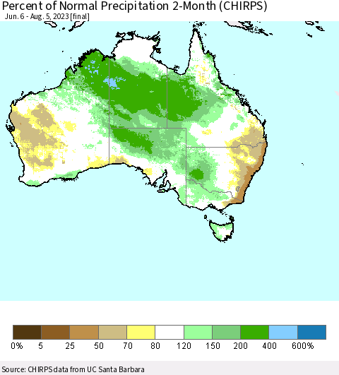 Australia Percent of Normal Precipitation 2-Month (CHIRPS) Thematic Map For 6/6/2023 - 8/5/2023