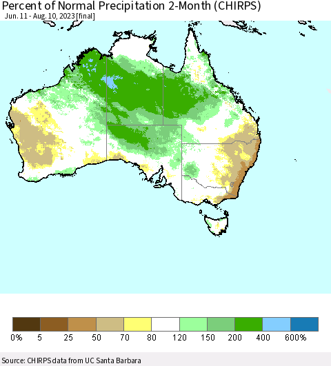 Australia Percent of Normal Precipitation 2-Month (CHIRPS) Thematic Map For 6/11/2023 - 8/10/2023